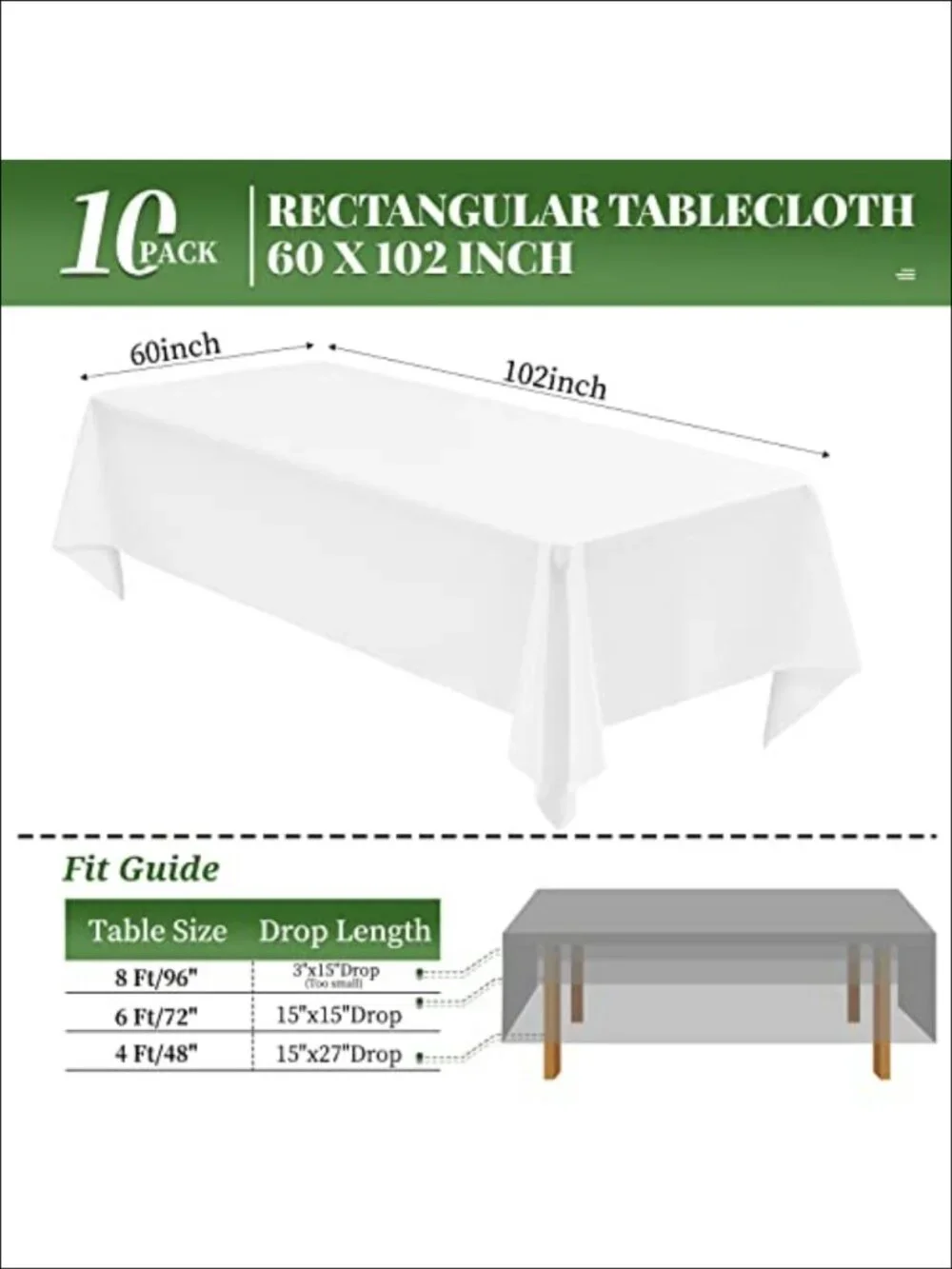 10 Pack White Tablecloths for 6 Foot Rectangle Tables 60 x 102 Inch Polyester
